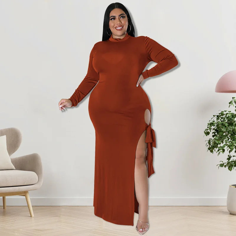 Maxy Plus Size Fall Clothing Women Long Sleeve Fashion High Slit Split Sexy Hollow Out Long Maxy Dress