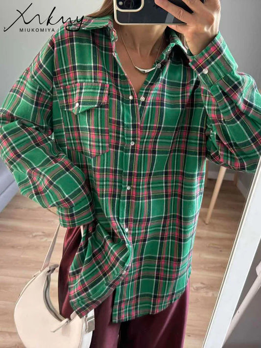 Maxy Green Vintage Plaid Shirt Women Oversize Top Long Sleeves Autumn Winter Loose Women's Shirt And Blouses Oversized
