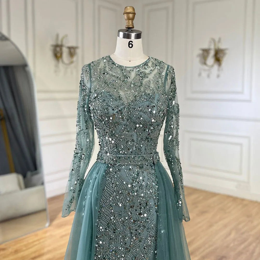 Maxy Serene Hill Arabic Turquoise Mermaid Gown with Tulle Overskirt And Beaded | Evening Dresses LA72601 Customized