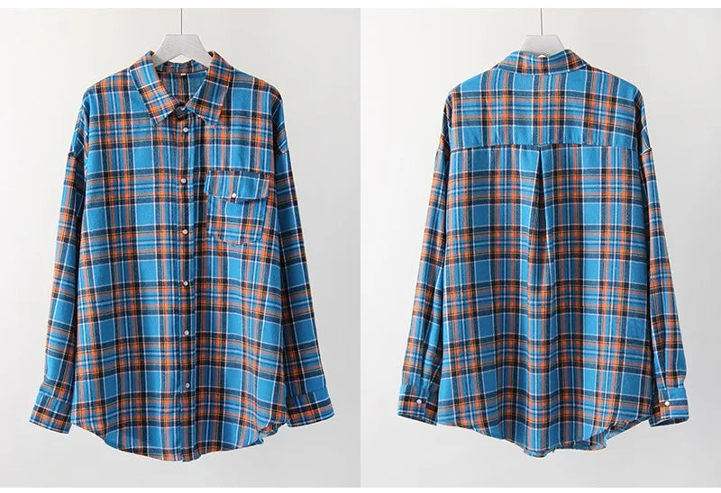 Maxy Green Vintage Plaid Shirt Women Oversize Top Long Sleeves Autumn Winter Loose Women's Shirt And Blouses Oversized