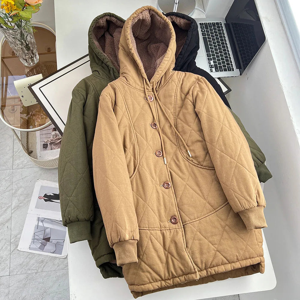 Winter 100kg Simple Mid-length Fleece Lining Hooded Cotton-padded Jacket Plus Size Women's Thick Warm Parka