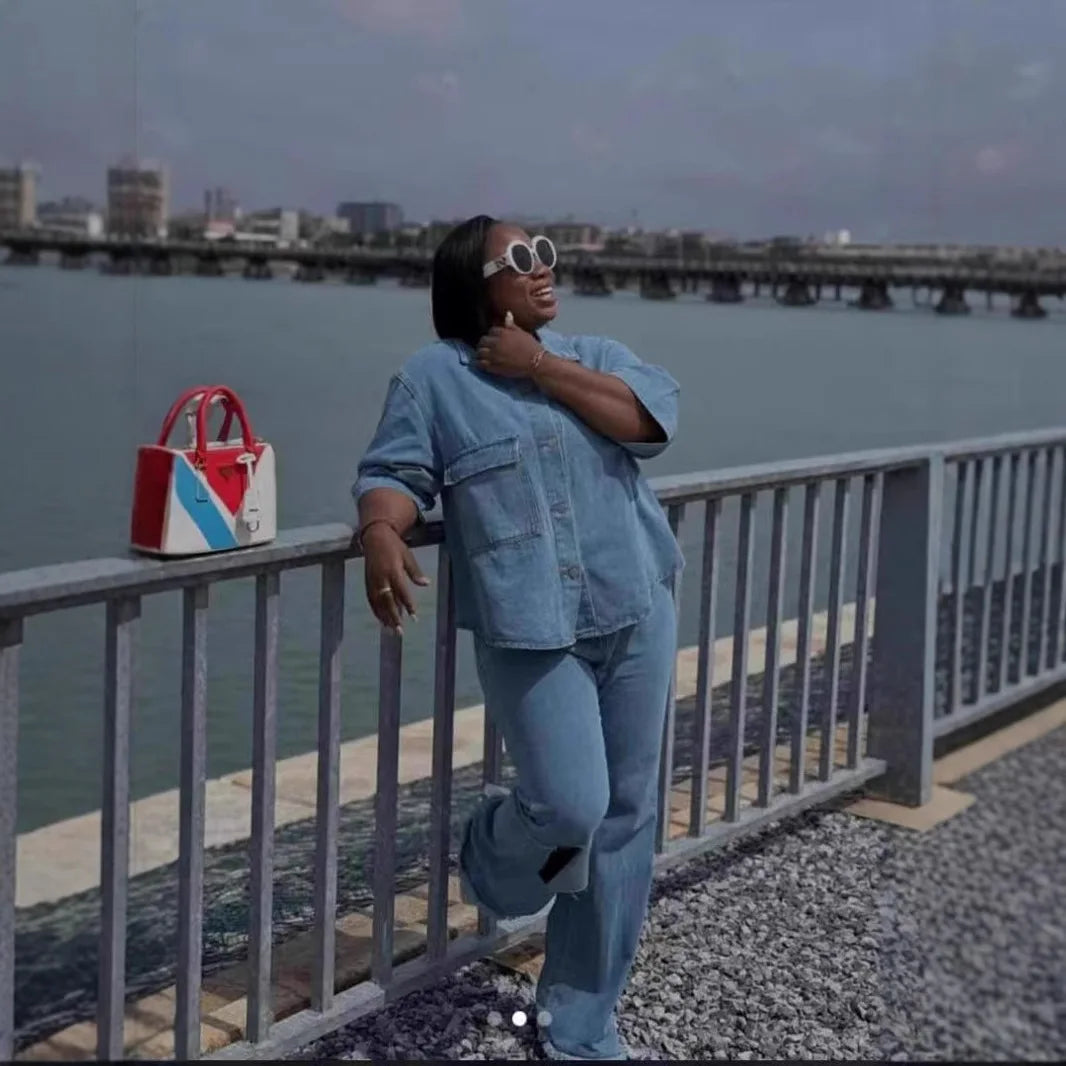 Maxy Denim Pant Set Women Two Piece Sets Turn Down Collar Matching Sets Single Breasted Shirt Tops Wide Leg Long Pants High Waist