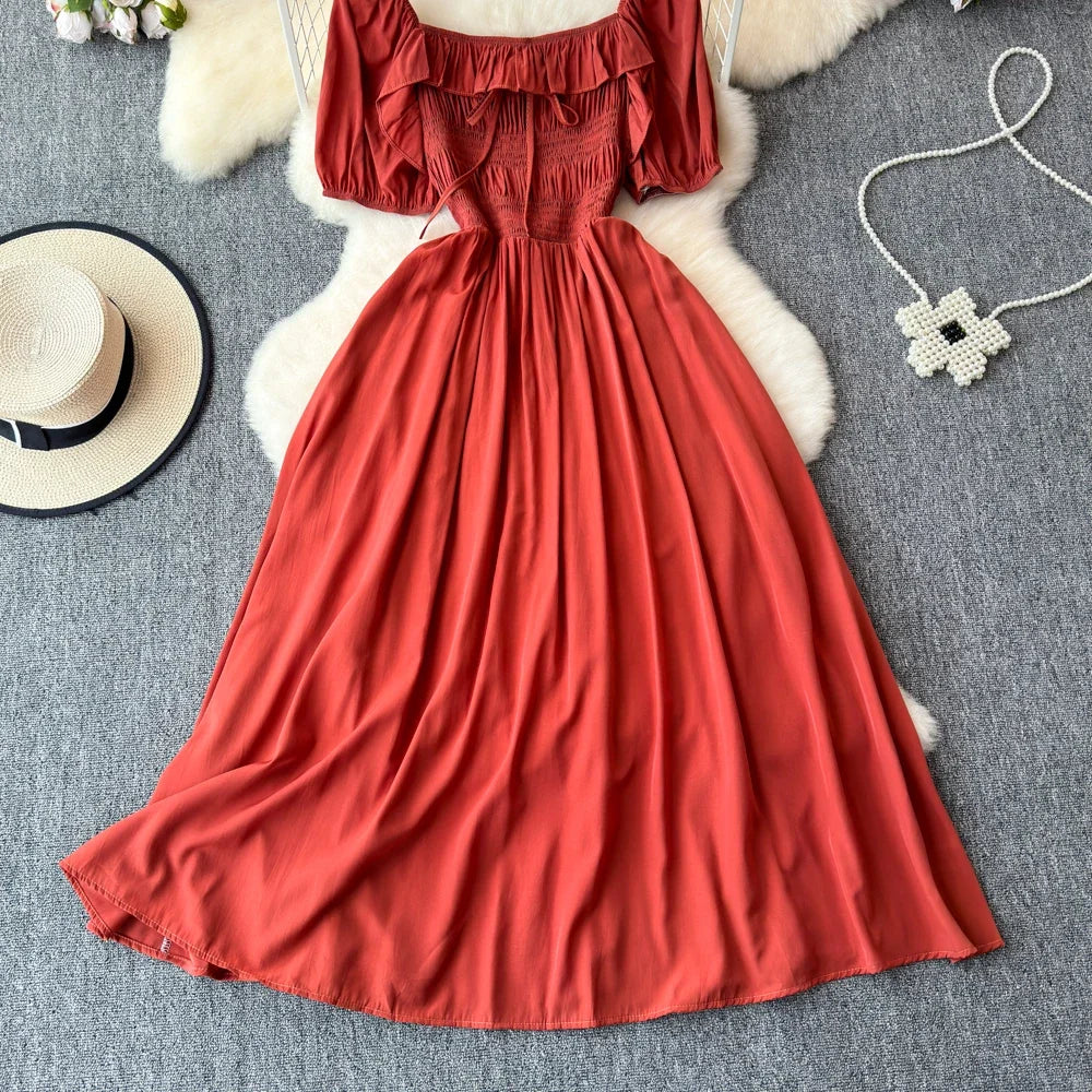 Babs Chic Elegant Square Collar Macy Dress Women Solid Short Puff Sleeve Dresses 2024 Korean Fashion Vintage Ruffle Vestidos