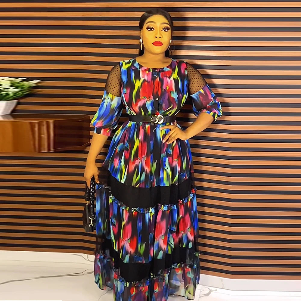 Macy Long Sleeve Chiffon Evening Dresses Women African Dashiki Print Robe Dubai Abayas Wedding Party Birthday Gown Plus Size Clothing