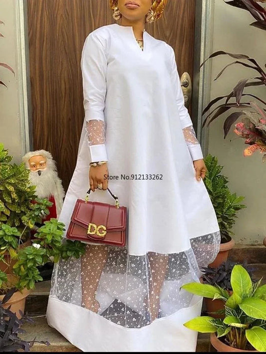 White Dresses for Women V Neck Long Sleeves Lace Patchwork Floor-Length Elegant Casual Loose Spliced Evening Party Vestidos 2024