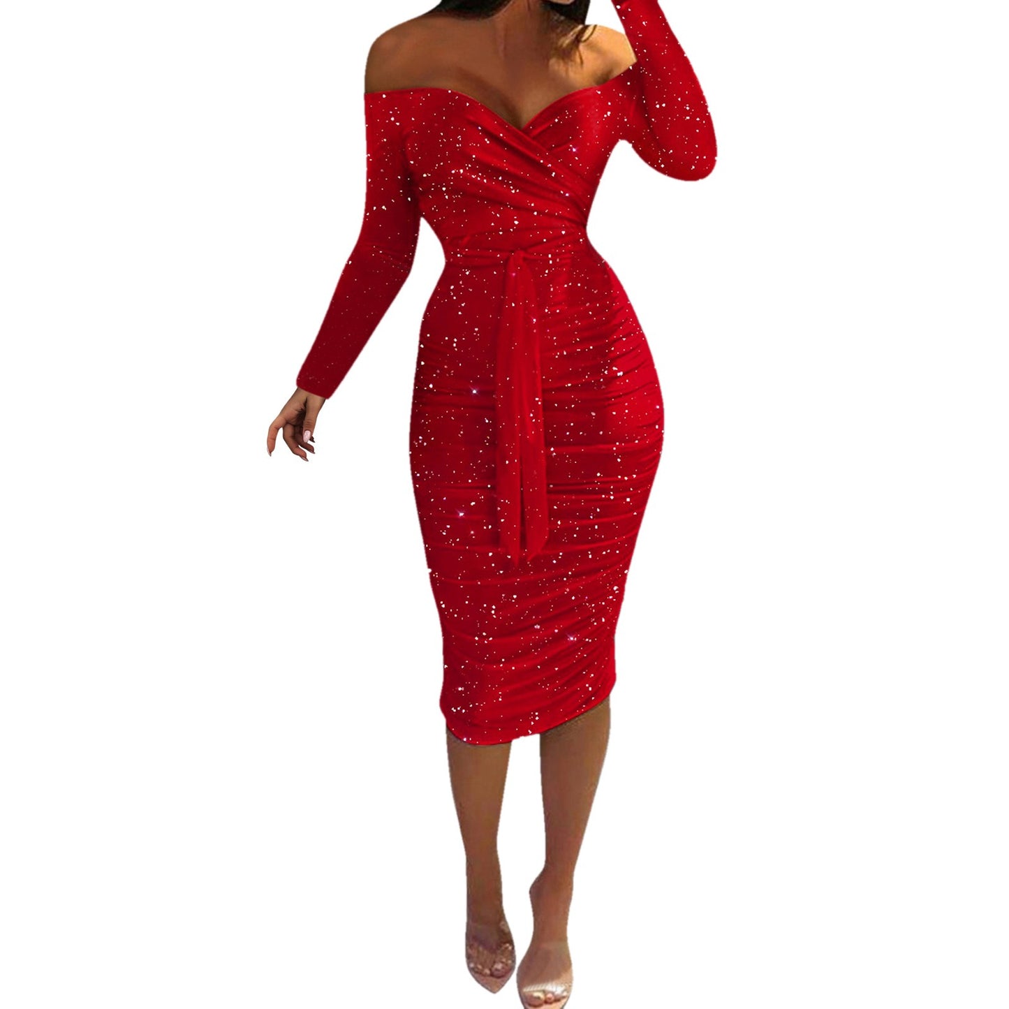 Babs Formal Dress for Women Sexy Off Shoulder Long Sleeve Slim Bodycon Hip Wrap Midi Red Dress Vintage Party Dress