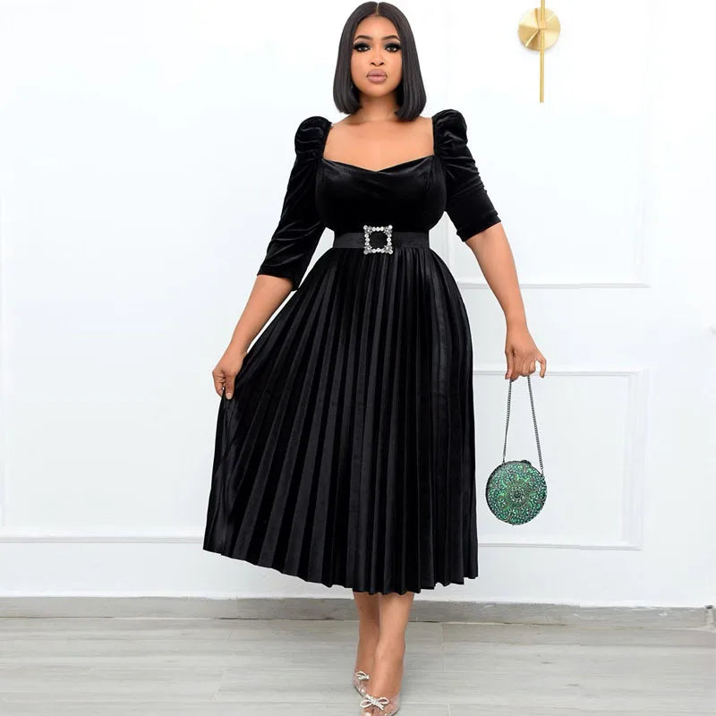 Maxy No Belt Women 3/4 Sleeve Midi Dresses African Solid Color Abaya Ankara Robes Shirring Dress Elegant Clothes Wedding Party Gown