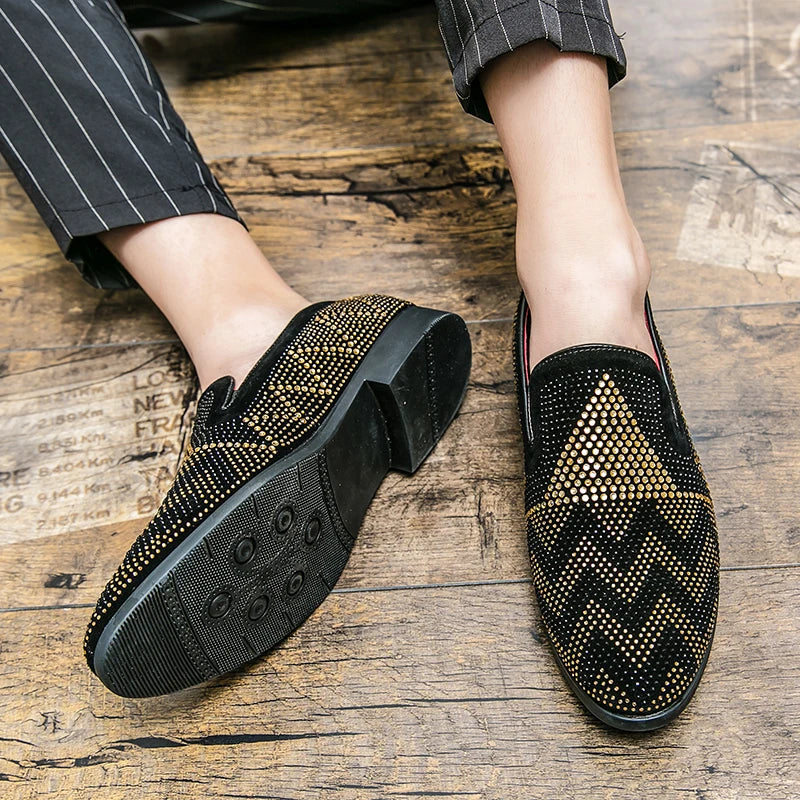 Maxy Fashion Italian handmade rhinestone leather shoes men's casual foot set slip-on leather hair stylist bean shoes fashion
