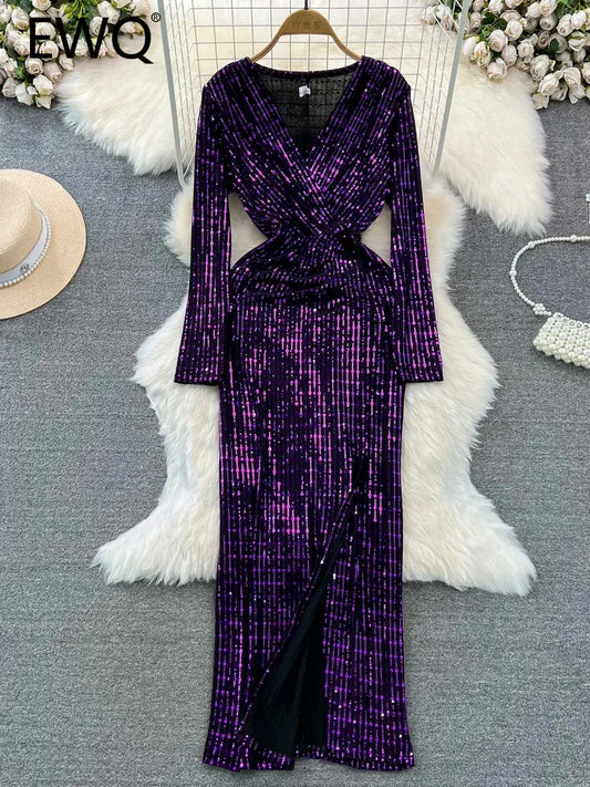 Babs Elegant Chic Y2K Women's Dress Long-sleeve V-neck Split Sequins Patchwork Hip Warp Dresses Autumn Winter