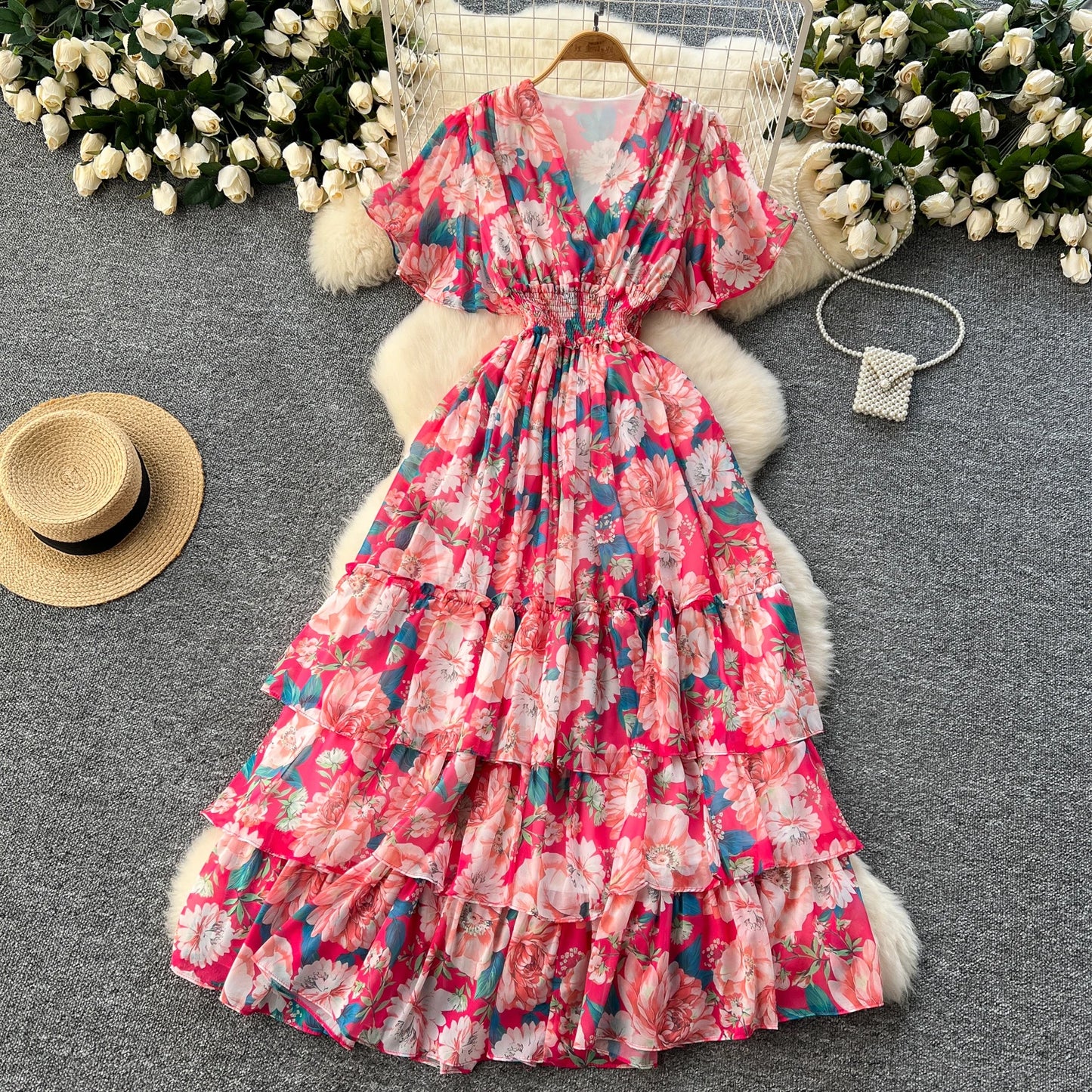 Maxy v neck Butterfly sleeve print elegant summer Dress A-line Flare Sleeve Vacation print Women dresses