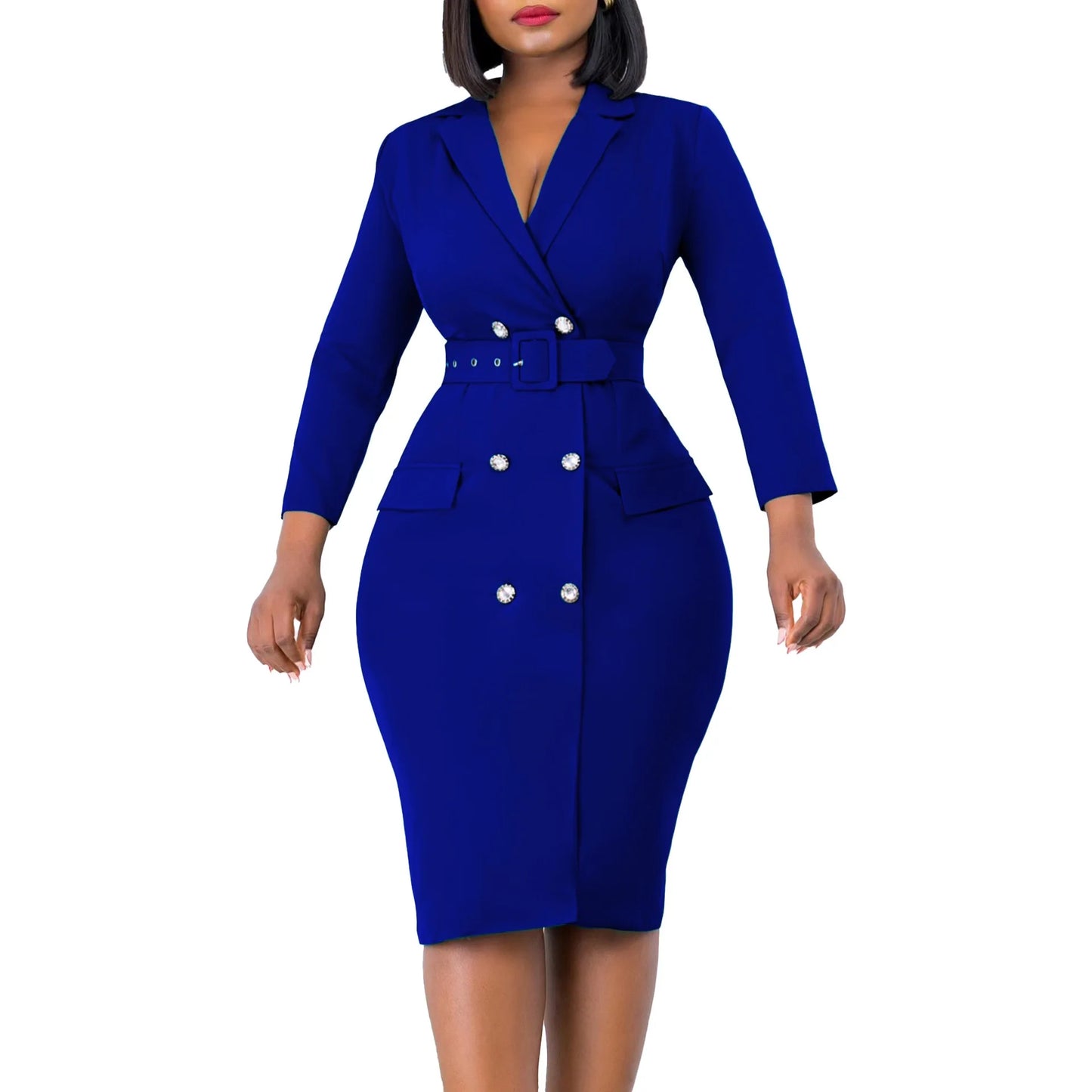 Babs Elegant Office Dresses for Woman Notched Collar Full Sleeve Double Breasted Package Hips Mid Calf Professional Business Gowns OL