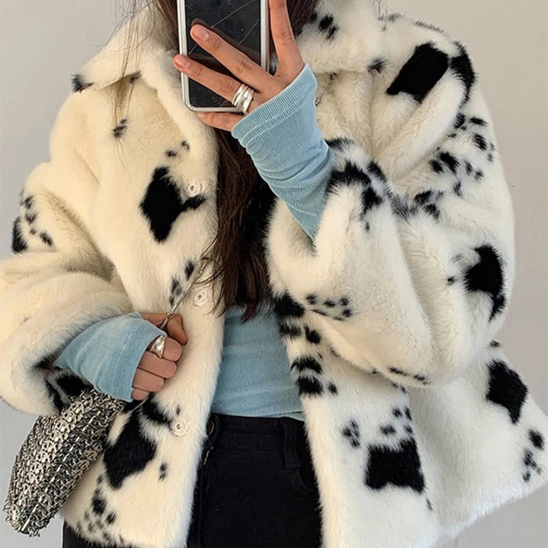 Gaxy Cow Pattern Faux Fur Jacket Women Korean Fashion Turn-Down Collar Warm Parkas Woman Soft Thick Winter Fluffy Coat Female