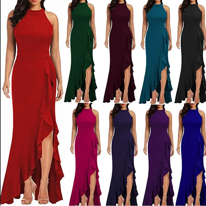 Maxy Women High Waist Plus Size Sleeveless Halter Maxy Dress Evening Dresses for Party Wedding
