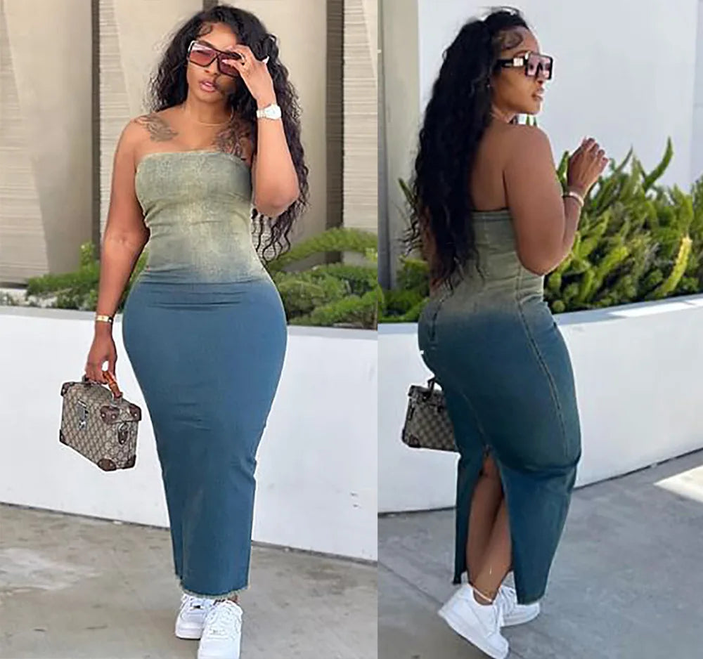 Maxy Summer Gradient Women's Denim Dress Fashion Corset Sleeveless Sexy Backless Slim Women's Slit Long Dresses Stretch Jeans