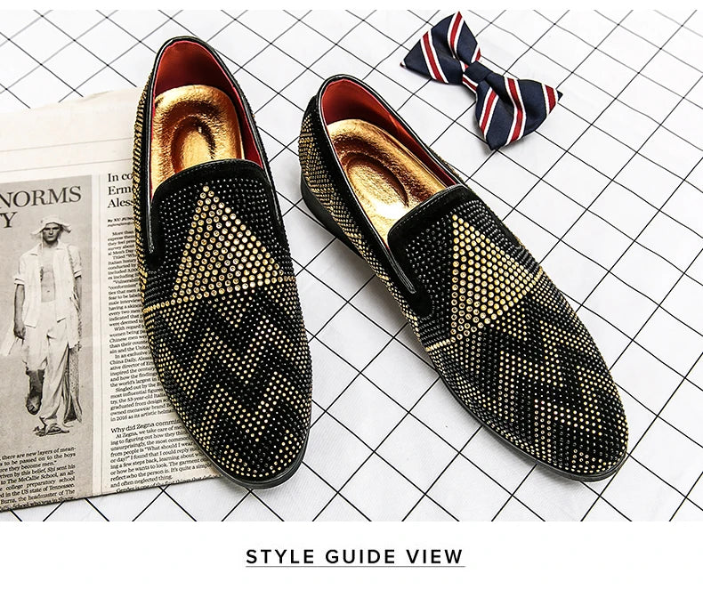 Maxy Fashion Italian handmade rhinestone leather shoes men's casual foot set slip-on leather hair stylist bean shoes fashion