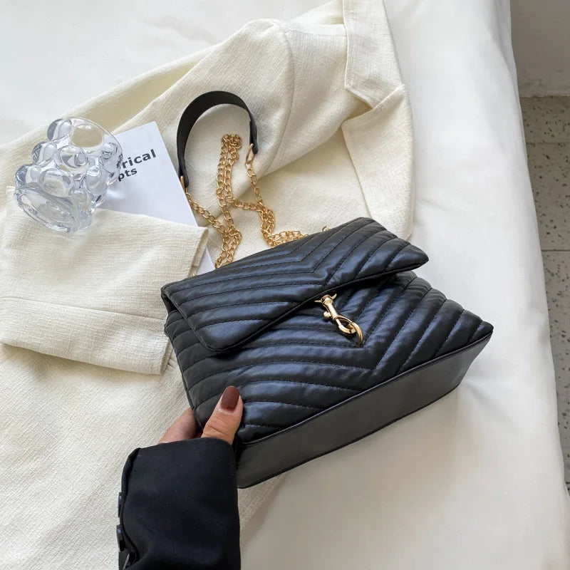 Maxy Casual Chain Crossbody Bags For Women Fashion Striped Shoulder Bag Large Capacity Flap Ladies Handbags