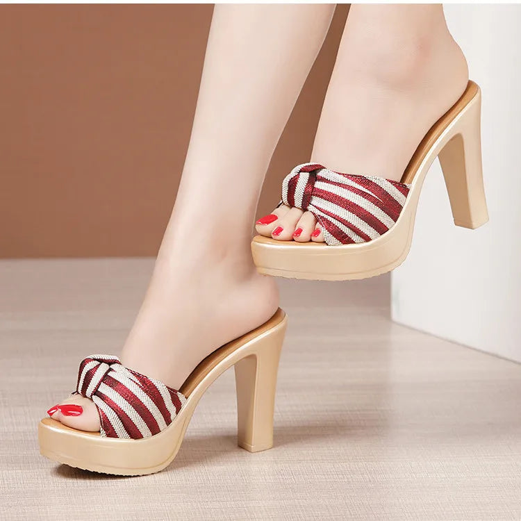 Big Size Gacy 32-43 Open Head Bow Stripe Slides Women Shoes Sumer 2024 High Heels Slippers Ladies Office Beach Slippers