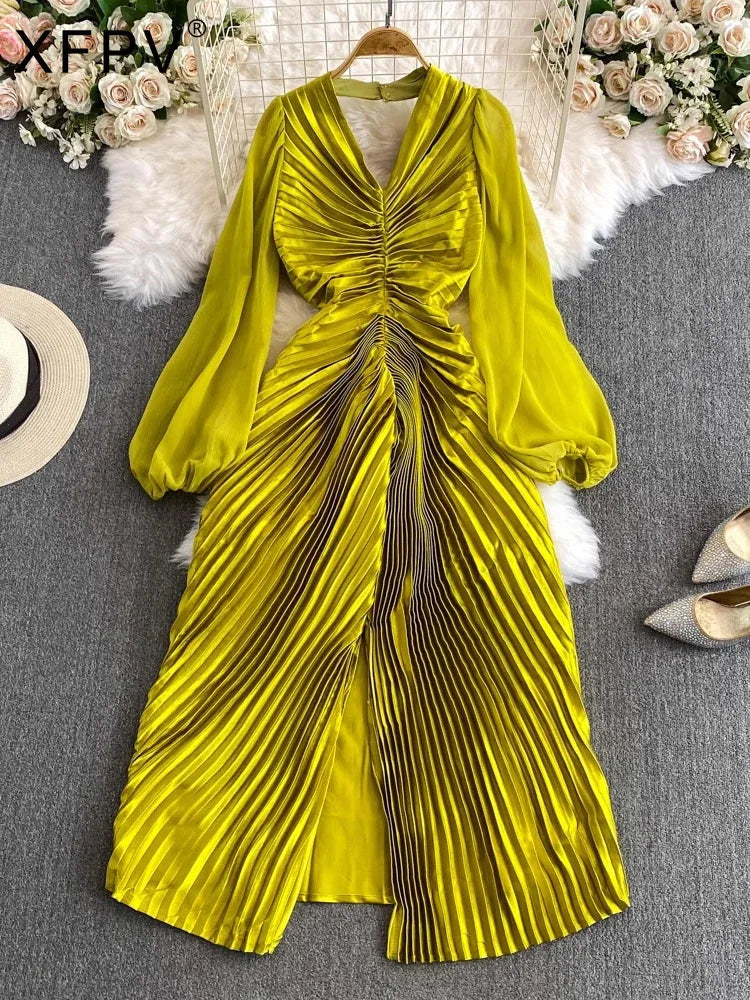 Amay Women's Temperament Puff Long Sleeve Hanging Neck Split Metal Pleated Dress Y2k Fashion Tide Spring Summer