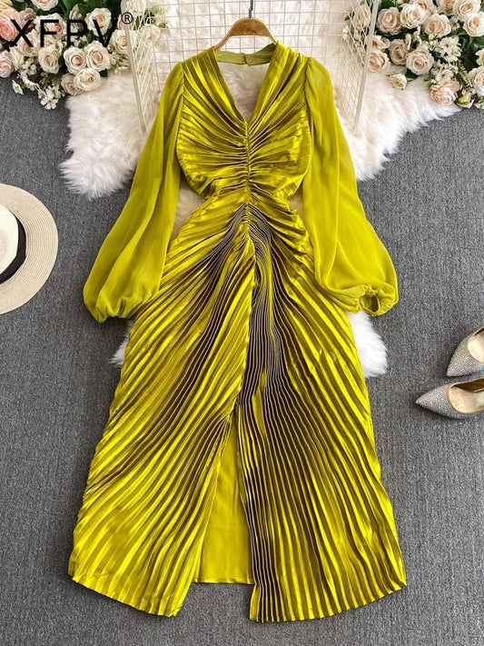 Amay Women's Temperament Puff Long Sleeve Hanging Neck Split Metal Pleated Dress Y2k Fashion Tide Spring Summer