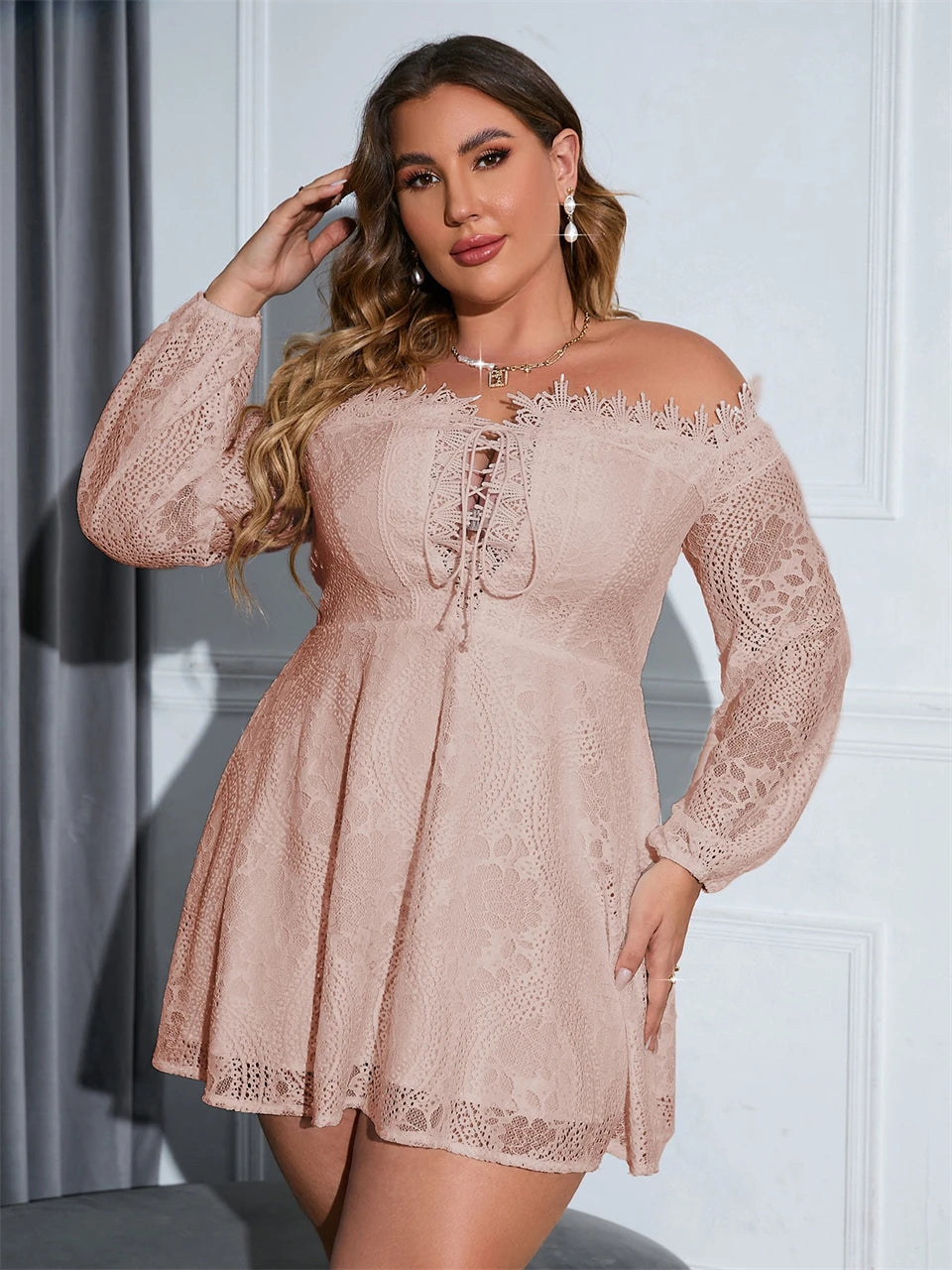 Macy Plus Size Dresses for Women Sexy Off Shoulder Lace Up A Line Mini Lace Dress Chic Elegant Woman Dress Long Sleeves 1102