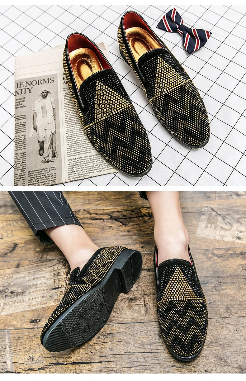 Maxy Fashion Italian handmade rhinestone leather shoes men's casual foot set slip-on leather hair stylist bean shoes fashion