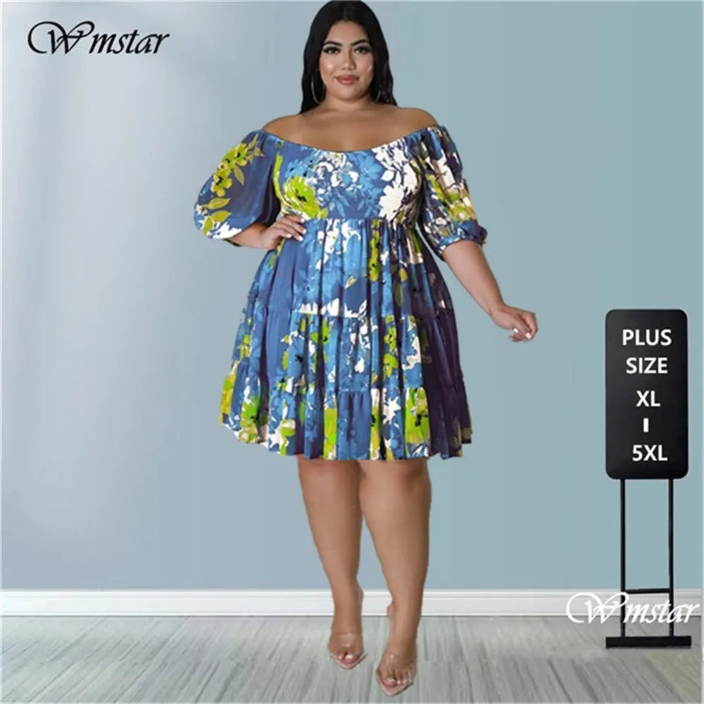 Maxy Plus Size Summer Dresses Women's Clothing Flower Printed One Shoulder Elegant Mini Dress Hot Sale