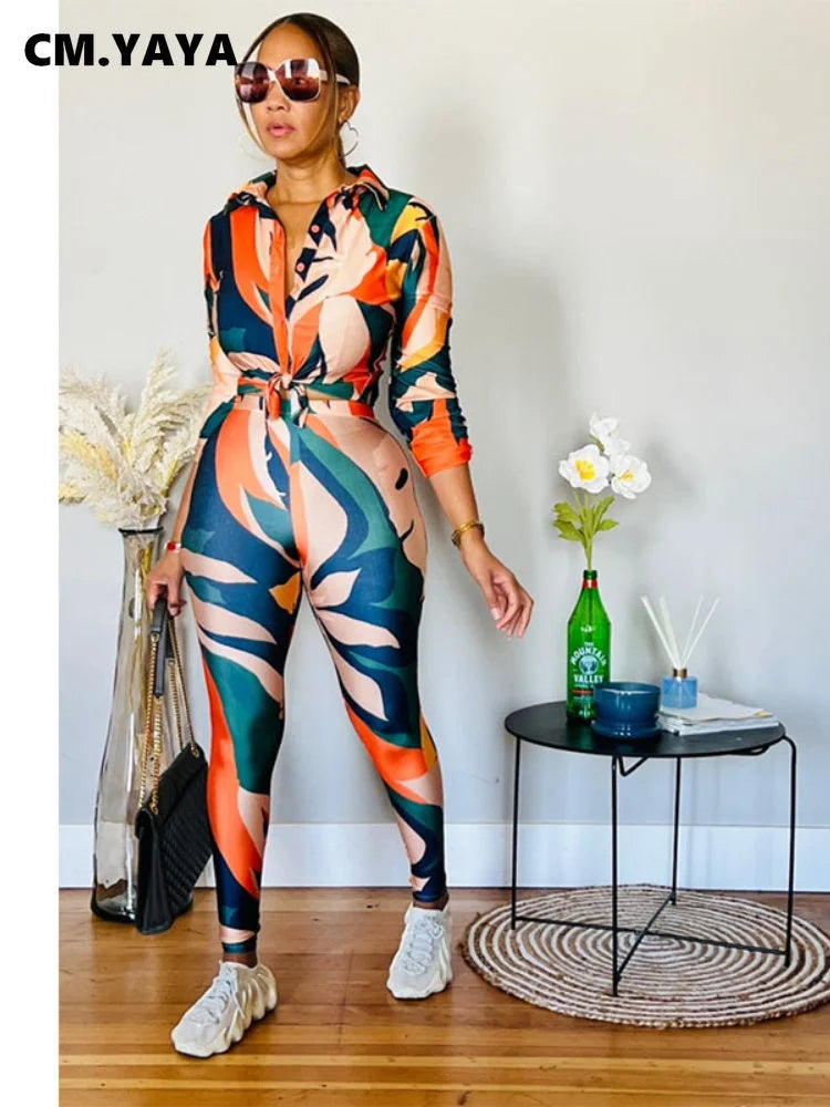 Maxy Streetwear Leaf Printed Women Legging Pants Suit and Long Sleeve Shirt Fashion Casual Two 2 Piece Set Outfits Tracksuit