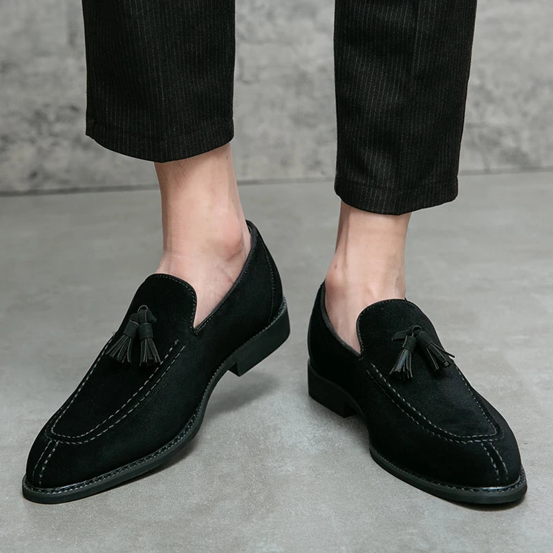 Visco Men's Loafers Brand Suede Leather Shoes Vintage Slip-on Classic Casual Men Driving Shoes Wedding Male Dress Shoes Tassel pointed