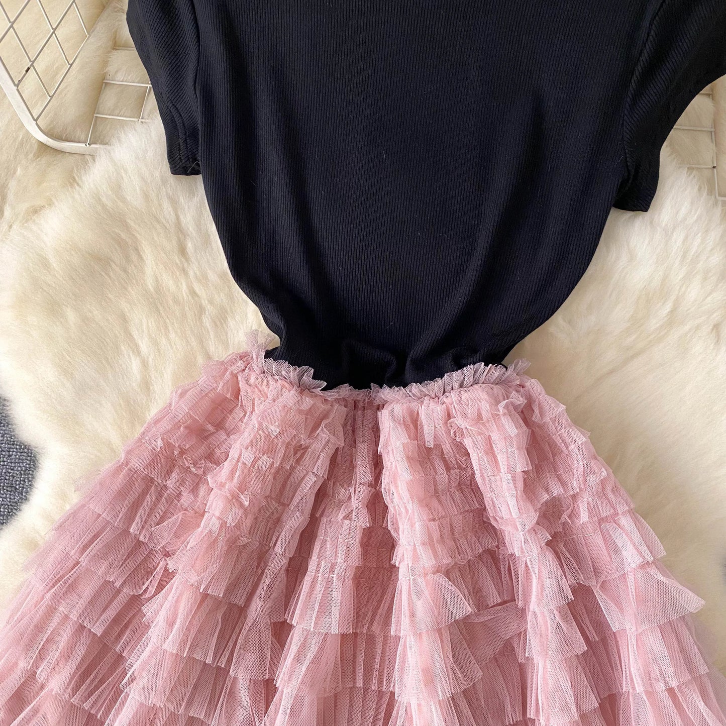 Maxy Fairycore Fashion Newest Chic Dresses Women O-Neck Short Sleeve Mesh Splice Design Vacation Summer Cake Long Dress