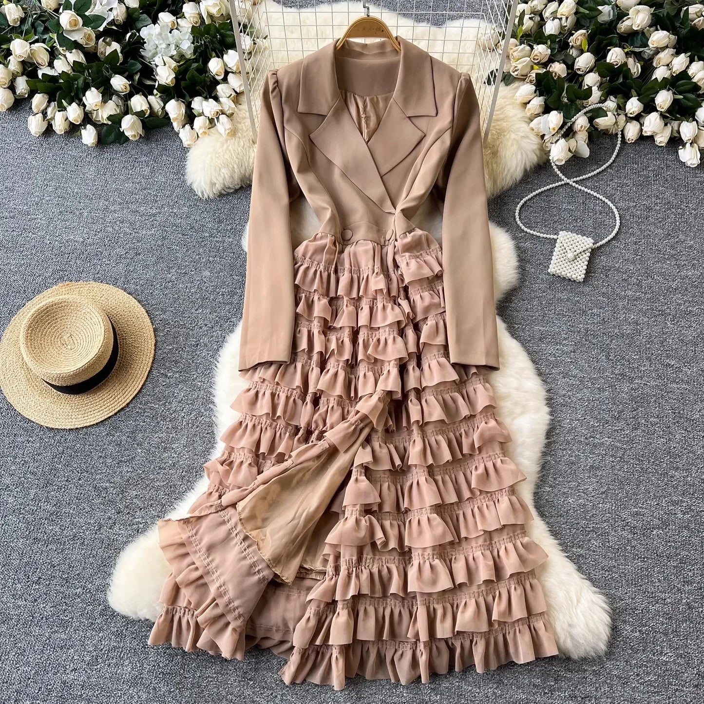 Zay Women Vintage Evening Party Dress Spring Autumn Lapel Long Sleeve Patchwork Mesh Layered Dresses Ladies Elegant Long Robe