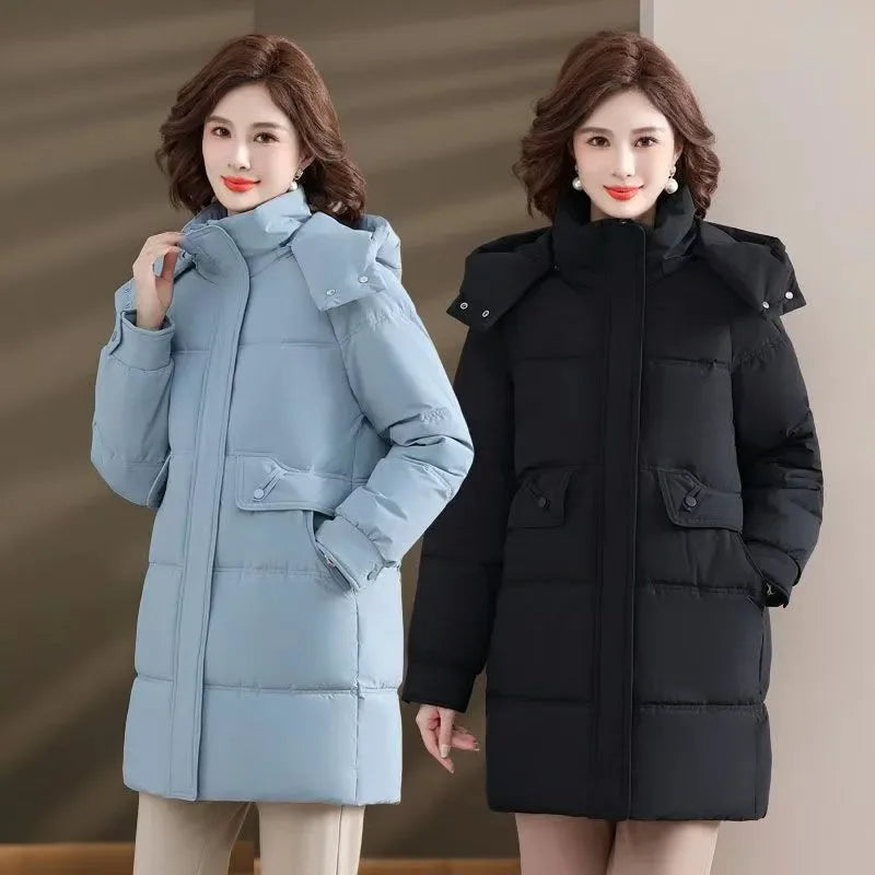 Maxy 2024 Winter Women Hooded Jacket Coats Long Parkas Female Down Cotton Overcoat Thick Warm Padded Windproof Casual Windbreaker