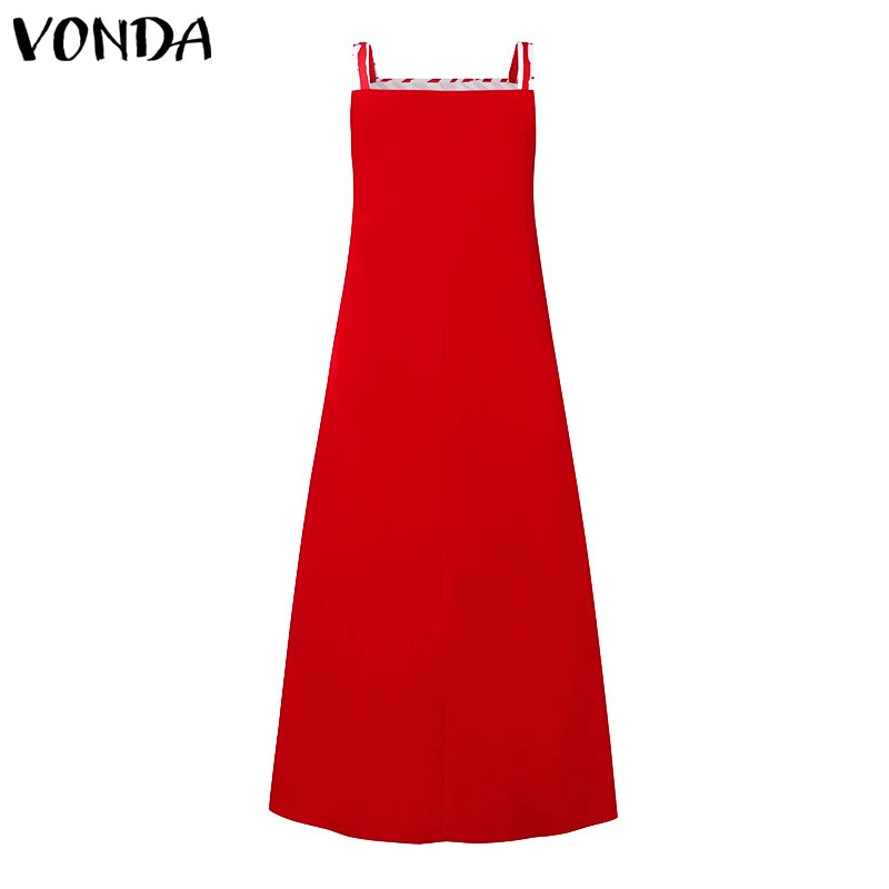Maxy Plus Size 5XL VONDA Bohemian Printed Maxy Dress Summer Sleeveless Party Beach Sundress Tank Long Casual Loose Robe
