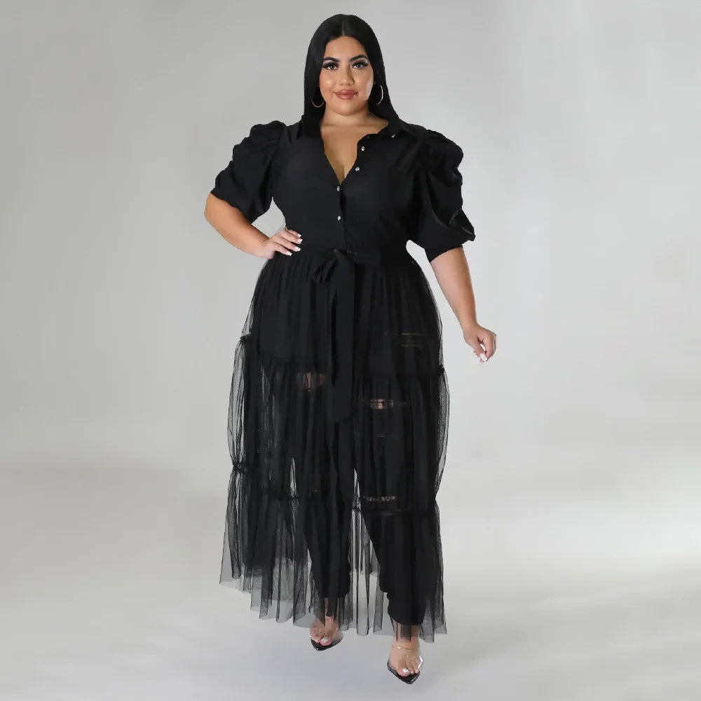 Babs Elegant Plus Size Women Big Swing Shirt Dress Sexy Mesh Patchwork Long Sleeve Single Breasted with Sashes Casual Dresses