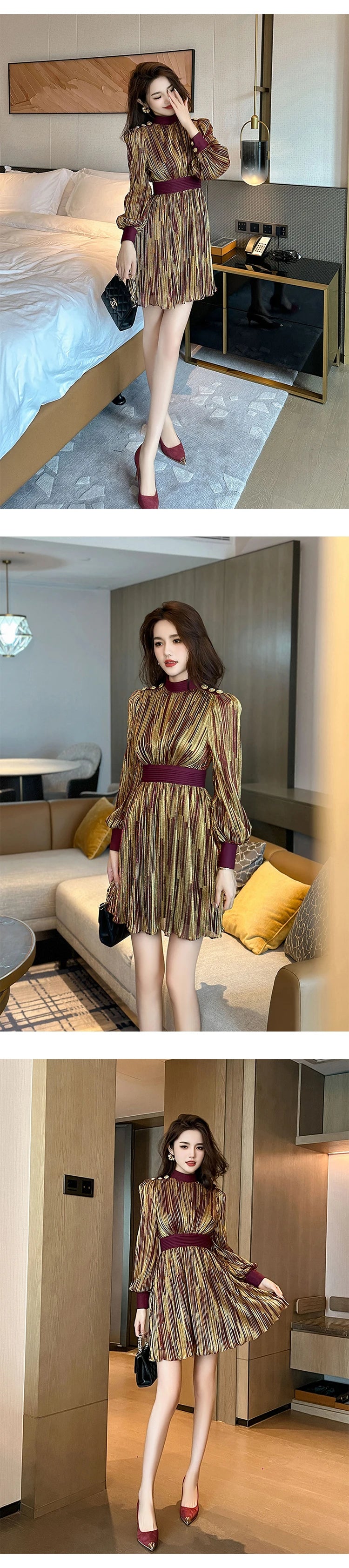 Babs New Elegant Luxury Lady Glitter Gold Evening Dress Women Clothing Chic Lantern Sleeve Slim Mini Short Party Gown