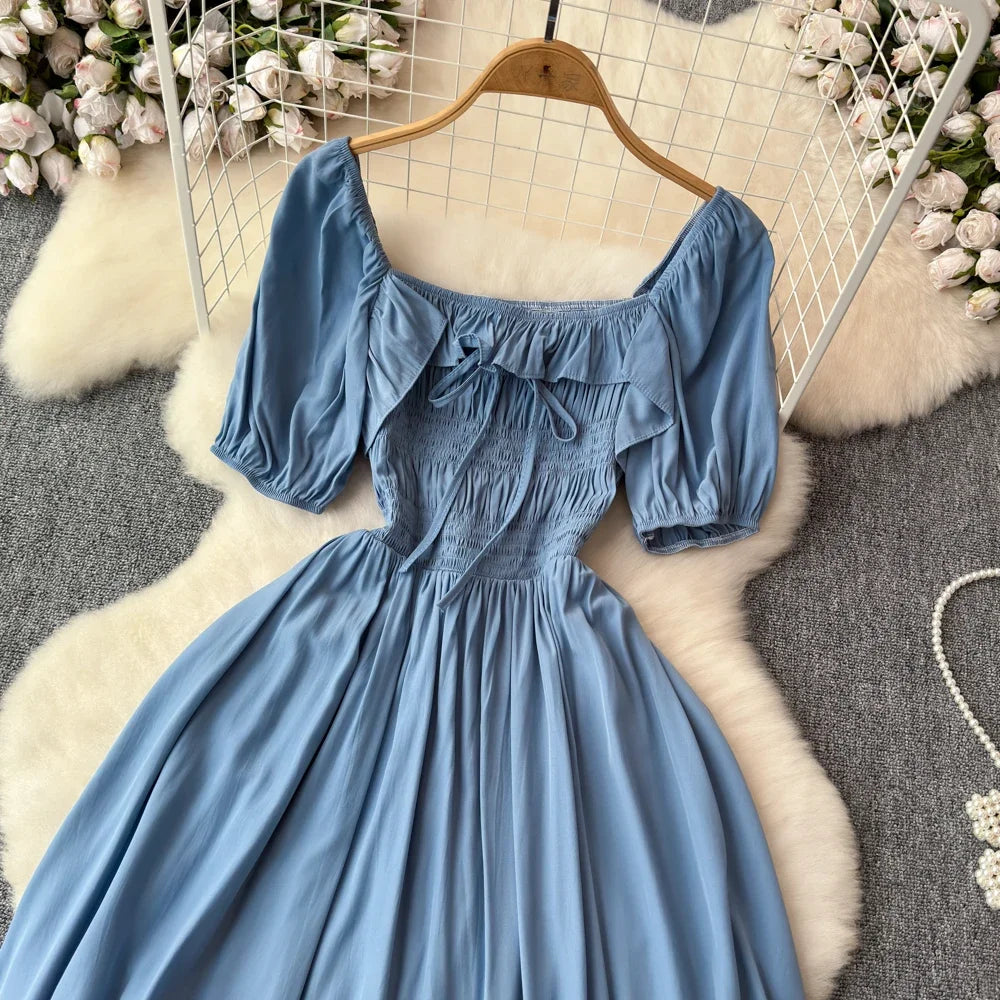 Babs Chic Elegant Square Collar Macy Dress Women Solid Short Puff Sleeve Dresses 2024 Korean Fashion Vintage Ruffle Vestidos