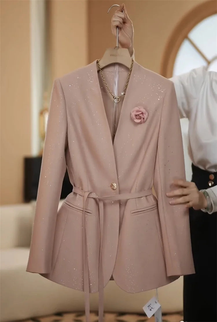 Maxy Spring new fashionable suit set feminine temperament professional commute sequined suit wide leg pants