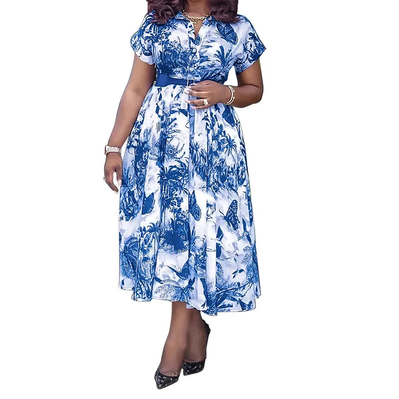 Amay Women Elegant Printed Party Dress Turn Down Collar Short Sleeve Pleated A-Line With Belt African Office Work Wear Plus Size 5XL