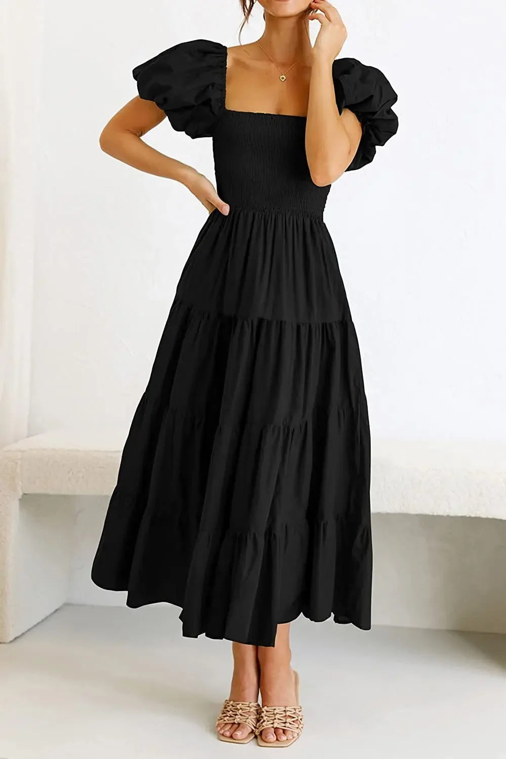 Maxy Dress Women Clothing Ruffles Ruched A-Line Frock Square Neck Short Sleeve Dress Vacation Streetwear Outfits Summer