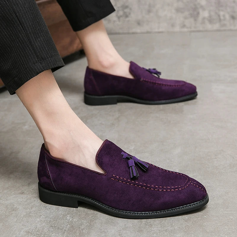 Visco Men's Loafers Brand Suede Leather Shoes Vintage Slip-on Classic Casual Men Driving Shoes Wedding Male Dress Shoes Tassel pointed