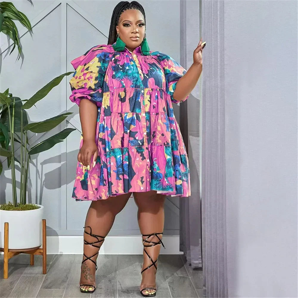 Maxy Plus Size Dresses 4xl 5xl Women's Clothing Tie Dye Loose Casual Cute Ball Gown Shirts Midi Dress