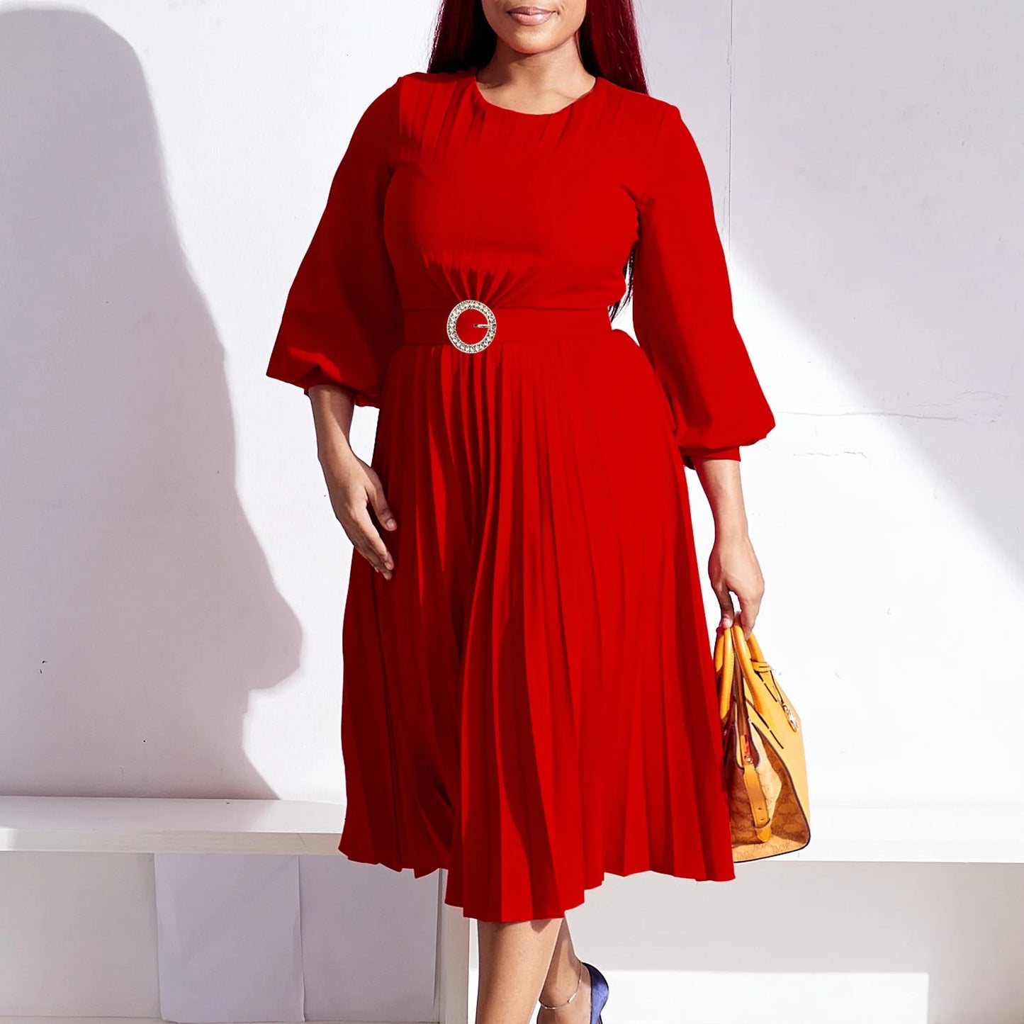 Maxy Elegant Dresses Woman Pleated O Neck Full Sleeve Belt Waisted Mid Calf Luxury Female Birthday Party Dinner Vestidos Mujer