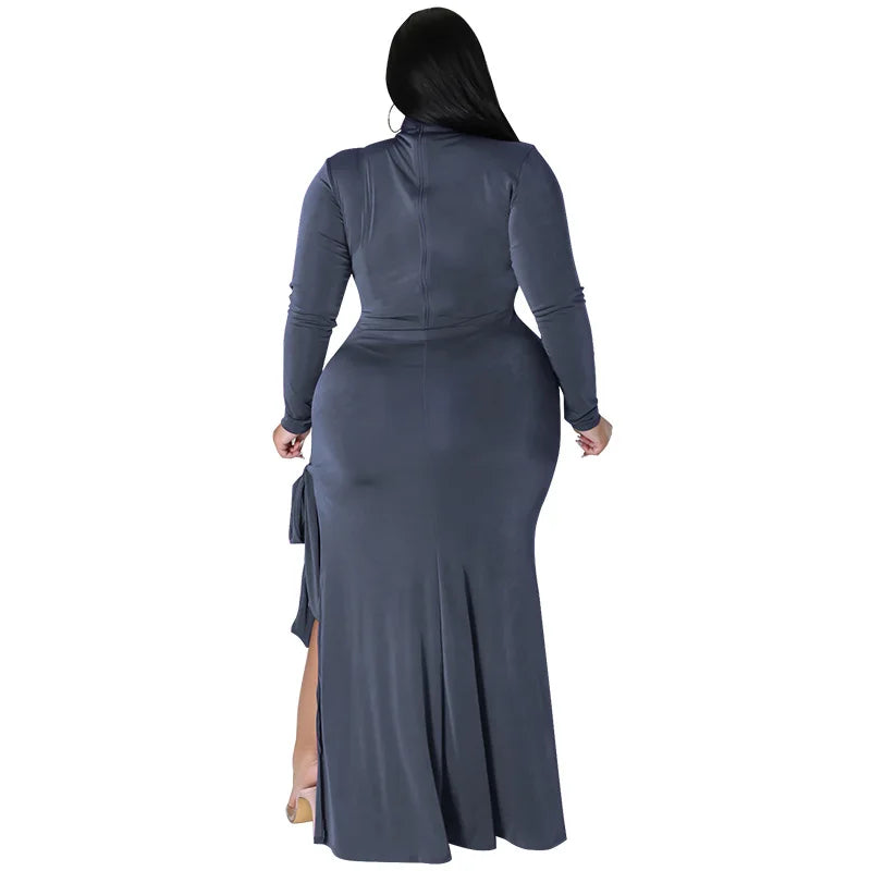 Maxy Plus Size Fall Clothing Women Long Sleeve Fashion High Slit Split Sexy Hollow Out Long Maxy Dress