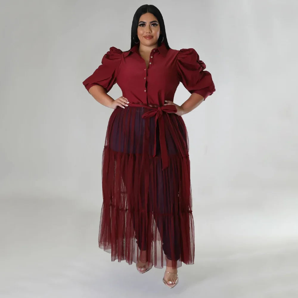 Babs Elegant Plus Size Women Big Swing Shirt Dress Sexy Mesh Patchwork Long Sleeve Single Breasted with Sashes Casual Dresses