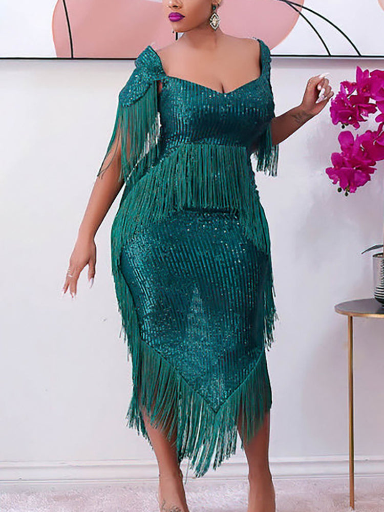 Summer Women Party Prom Dresses Sequin Tassels Hem Midi Bodycon Dress Plus Size Luxury Tunics Evening Night Outfits 4XL