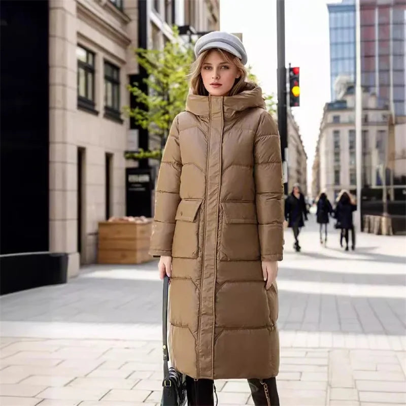 Momsey 2024 New Thicken Snow Parkas Fashion Windproof Glossy Down Cotton Hooded Women Jacket Winter Loose Long Coat Ladies Outwear