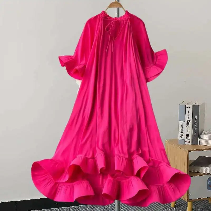 Maxy GVUW A Line Dress Women V Neck Flare Sleeve Loose Solid Color Lace-up A Line Fashion New 2025 Medium Long Dresses 17G7813