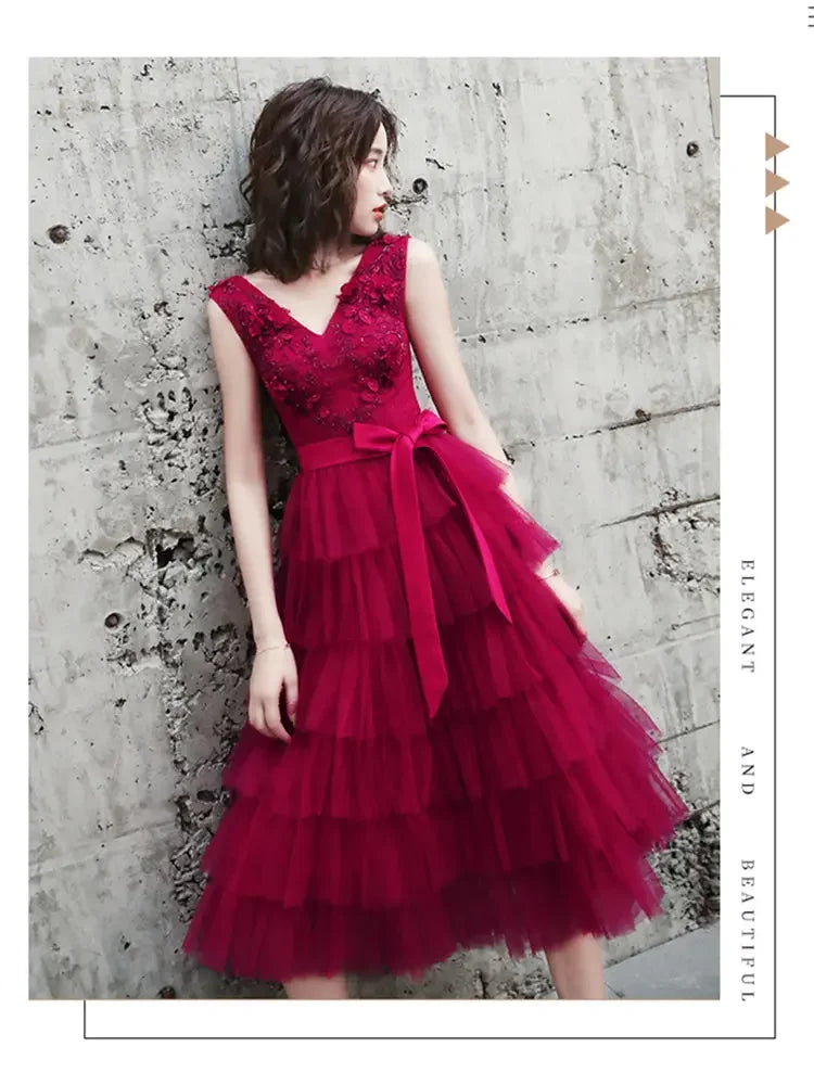 Babs Dresses Burgundy Tulle Beads Floral V-Neck Plus Size A-line Tiered Tea-Length Plus size Woman Party Gowns Robe E832