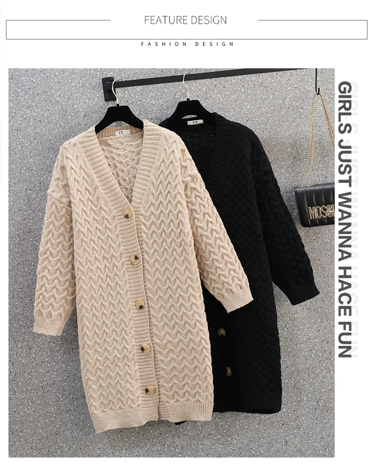 Gacy Winter Ladies Knitted Dresses Fashion Korean V-Neck Long Sleeve Cardigan Sweater Long Coats for Womens L-4XL