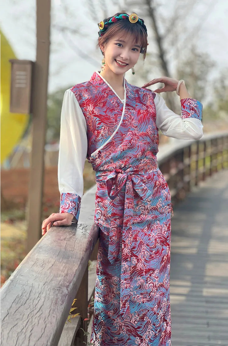 Summer Elegant Asian costume Tibetan Dress For Women Long Sleeve Traditional Ethnic clothing Oriental Ladies gown