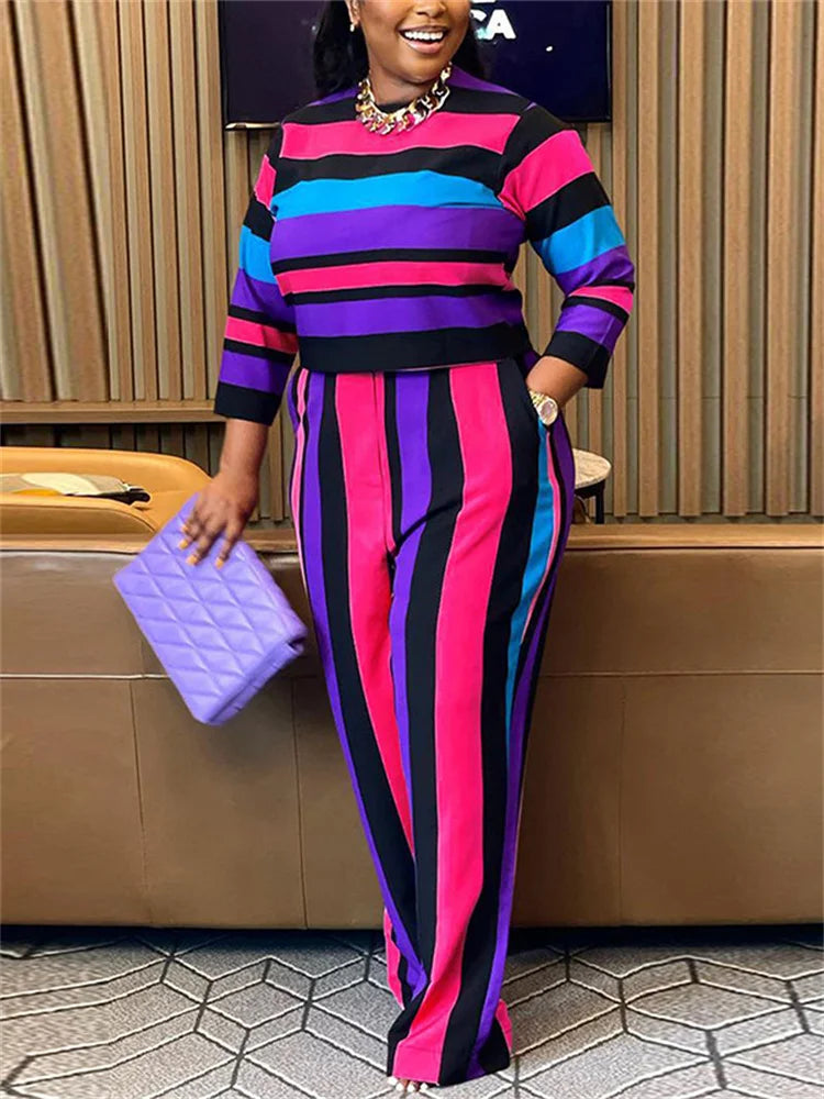 Maxy Plus Size Two Piece Women Clothing Long Sleeve Crop Top and Pants Sets Striped Matching Sets